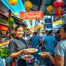 A vibrant scene of a bustling Thai server in a lively street market in Thailand, showcasing delicious street food stalls with colorful signs