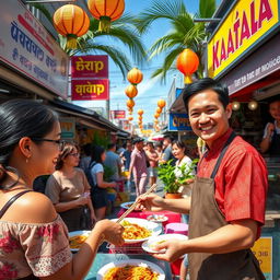A vibrant scene of a bustling Thai server in a lively street market in Thailand, showcasing delicious street food stalls with colorful signs