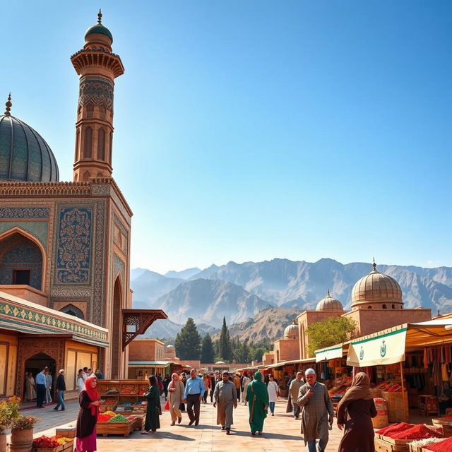 A stunning landscape of Iran showcasing the beautiful Persian architecture with intricate tile work, surrounded by lush mountains and a clear blue sky