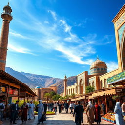 A stunning landscape of Iran showcasing the beautiful Persian architecture with intricate tile work, surrounded by lush mountains and a clear blue sky