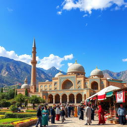 A stunning landscape of Iran showcasing the beautiful Persian architecture with intricate tile work, surrounded by lush mountains and a clear blue sky