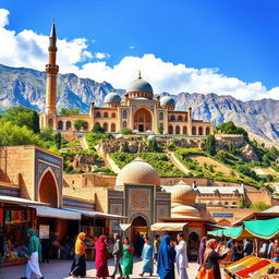 A stunning landscape of Iran showcasing the beautiful Persian architecture with intricate tile work, surrounded by lush mountains and a clear blue sky