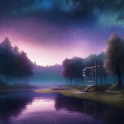 A high-quality digital art piece depicting an eerily mysterious playground and park scene nestled in a forest near a body of water