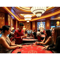 An elegant scene inside a luxurious Thai casino, featuring a friendly server in traditional Thai attire, gracefully serving drinks to glamorous guests at a high-stakes poker table