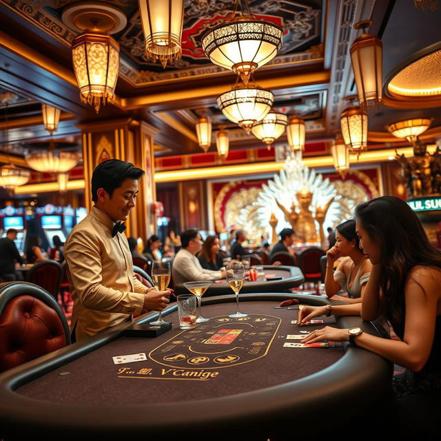 An elegant scene inside a luxurious Thai casino, featuring a friendly server in traditional Thai attire, gracefully serving drinks to glamorous guests at a high-stakes poker table