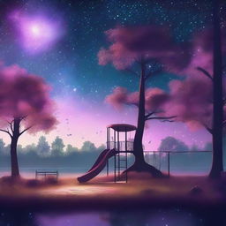 A high-quality digital art piece depicting an eerily mysterious playground and park scene nestled in a forest near a body of water