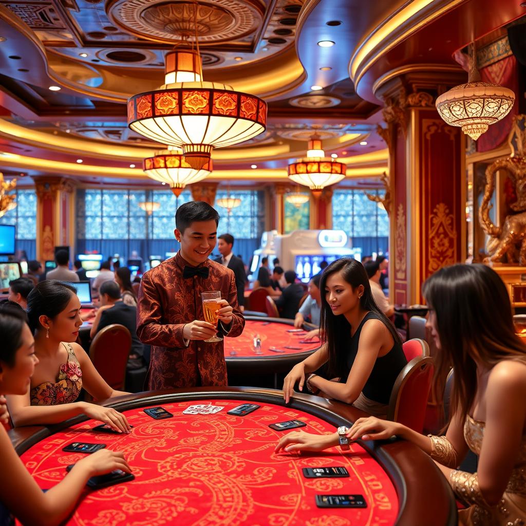 An elegant scene inside a luxurious Thai casino, featuring a friendly server in traditional Thai attire, gracefully serving drinks to glamorous guests at a high-stakes poker table