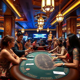 An elegant scene inside a luxurious Thai casino, featuring a friendly server in traditional Thai attire, gracefully serving drinks to glamorous guests at a high-stakes poker table