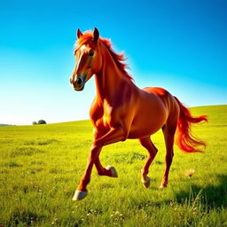 A majestic red horse galloping through a sunlit meadow, its glossy coat shimmering in the light