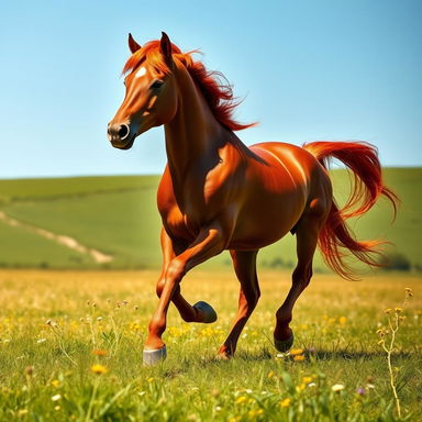 A majestic red horse galloping through a sunlit meadow, its glossy coat shimmering in the light