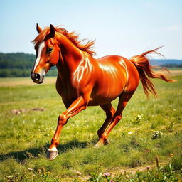 A majestic red horse galloping through a sunlit meadow, its glossy coat shimmering in the light