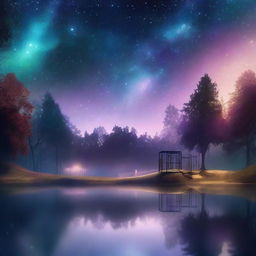 A high-quality digital art piece depicting an eerily mysterious playground and park scene nestled in a forest near a body of water