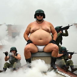 A humorous scene featuring a man wearing a Spetsnaz K6-3 helmet, topless with only underwear, sitting on a building with a giant round belly, inflated by an inflate-o-bomb