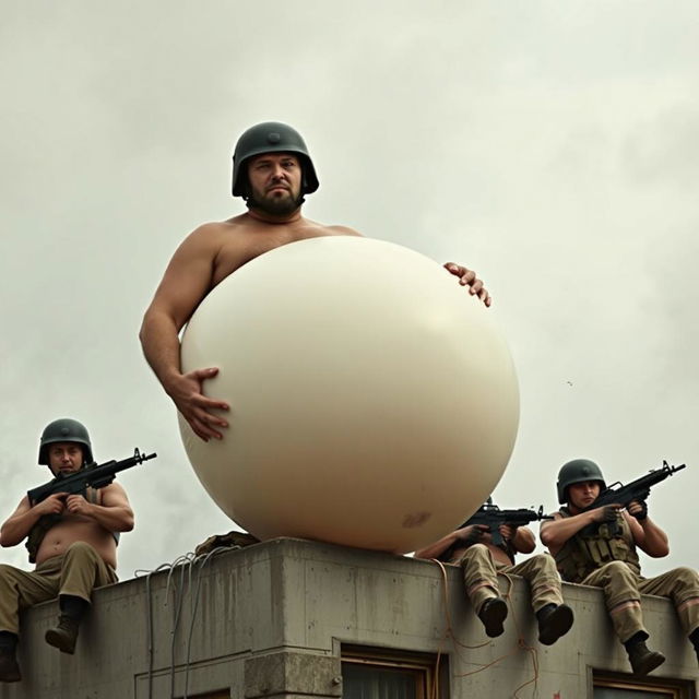 A humorous scene featuring a man wearing a Spetsnaz K6-3 helmet, topless with only underwear, sitting on a building with a giant round belly, inflated by an inflate-o-bomb