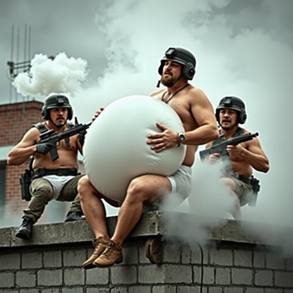 A humorous scene featuring a man wearing a Spetsnaz K6-3 helmet, topless with only underwear, sitting on a building with a giant round belly, inflated by an inflate-o-bomb