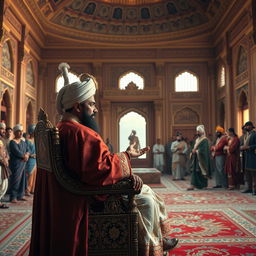 A grand Mughal courtroom filled with opulence and rich history, showcasing intricate designs on the walls that reflect Mughal artistry