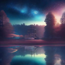 A high-quality digital art piece depicting an eerily mysterious playground and park scene nestled in a forest near a body of water