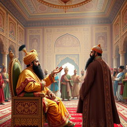 A grand Mughal courtroom filled with opulence and rich history, showcasing intricate designs on the walls that reflect Mughal artistry