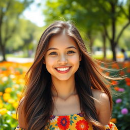 A close-up portrait of a smiling, happy young woman with long flowing hair, dressed in a colorful dress