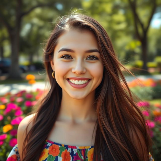 A close-up portrait of a smiling, happy young woman with long flowing hair, dressed in a colorful dress