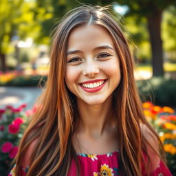 A close-up portrait of a smiling, happy young woman with long flowing hair, dressed in a colorful dress