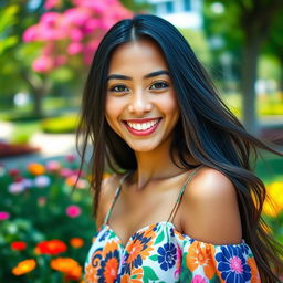 A close-up portrait of a smiling, happy young woman with long flowing hair, dressed in a colorful dress