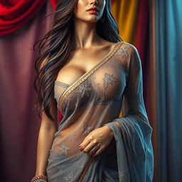 A stunningly realistic depiction of a beautiful woman wearing a see-through saree that elegantly drapes around her figure