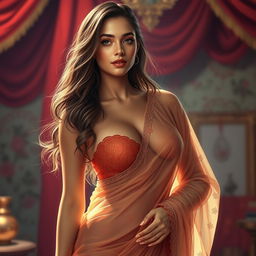 A stunningly realistic depiction of a beautiful woman wearing a see-through saree that elegantly drapes around her figure