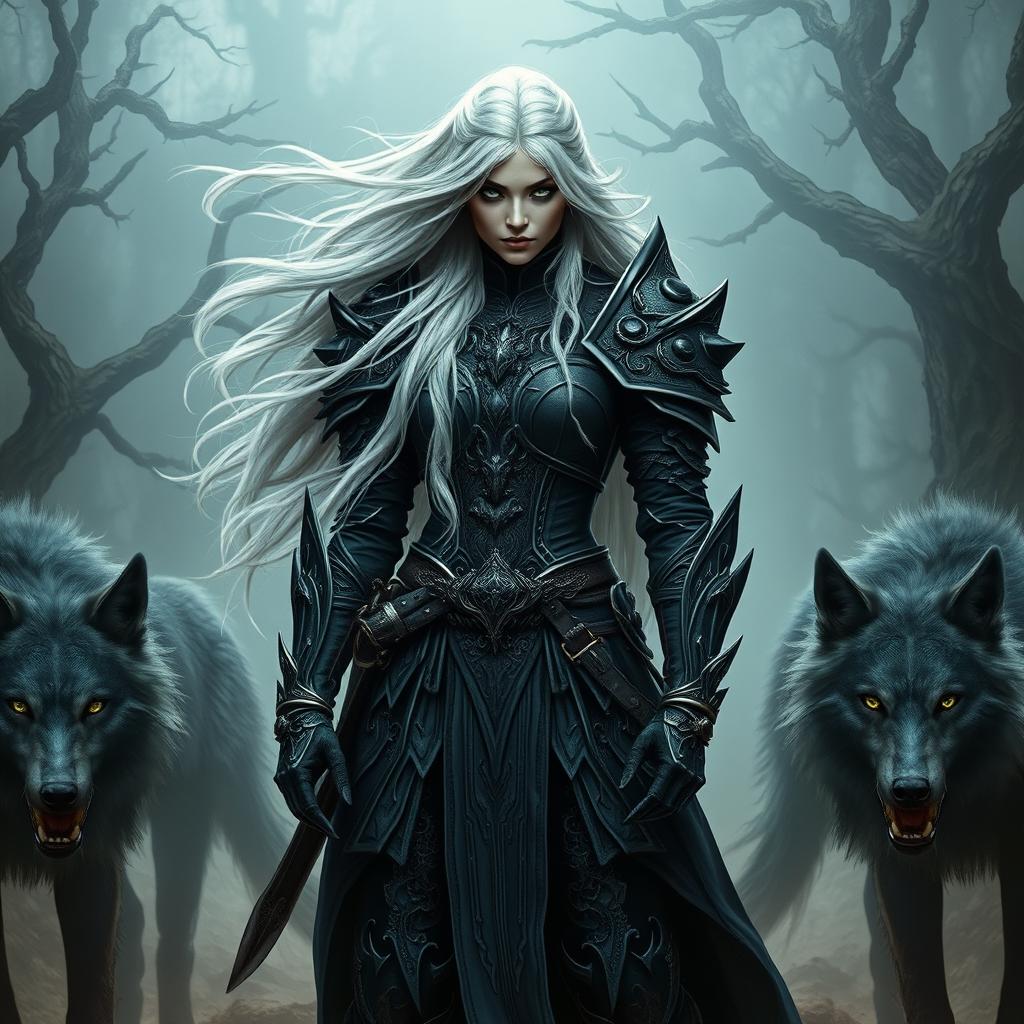 A fierce female death knight standing powerfully in an ominous landscape, featuring long white hair flowing in the wind and piercing green eyes