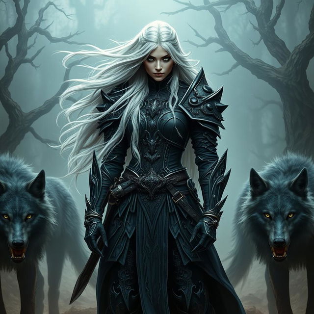 A fierce female death knight standing powerfully in an ominous landscape, featuring long white hair flowing in the wind and piercing green eyes