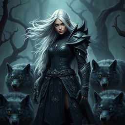A fierce female death knight standing powerfully in an ominous landscape, featuring long white hair flowing in the wind and piercing green eyes