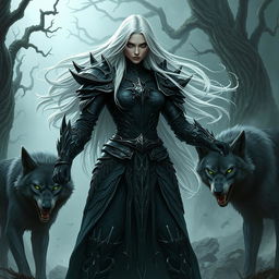 A fierce female death knight standing powerfully in an ominous landscape, featuring long white hair flowing in the wind and piercing green eyes