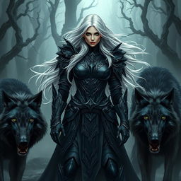 A fierce female death knight standing powerfully in an ominous landscape, featuring long white hair flowing in the wind and piercing green eyes