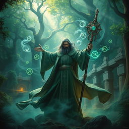 A powerful sorcerer casting a spell in a mystical forest