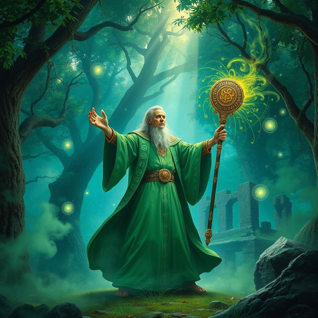 A powerful sorcerer casting a spell in a mystical forest