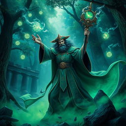 A powerful sorcerer casting a spell in a mystical forest