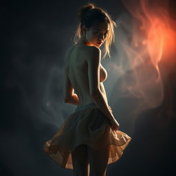 A young woman with an ethereal beauty, wearing nothing but a skirt and stockings, her expression a mix of innocence and allure