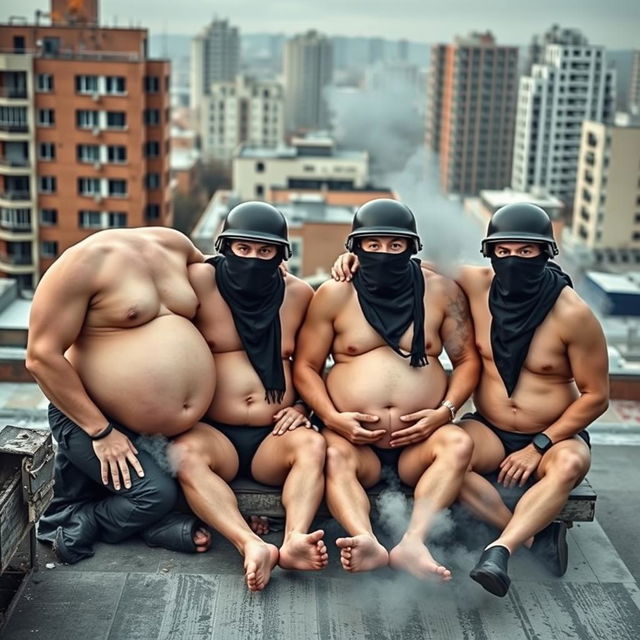 A humorous scene featuring four men in Spetsnaz k6-3 helmets, fully masked with balaclavas, and all appearing topless and in underwear