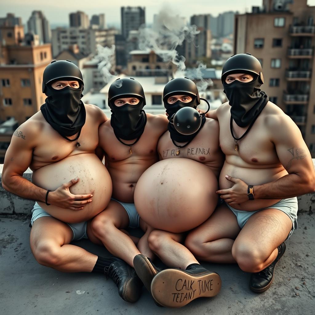 A humorous scene featuring four men in Spetsnaz k6-3 helmets, fully masked with balaclavas, and all appearing topless and in underwear