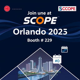 A modern conference poster featuring a dark blue background with dynamic curved wave patterns