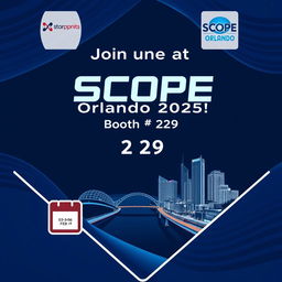 A modern conference poster featuring a dark blue background with dynamic curved wave patterns