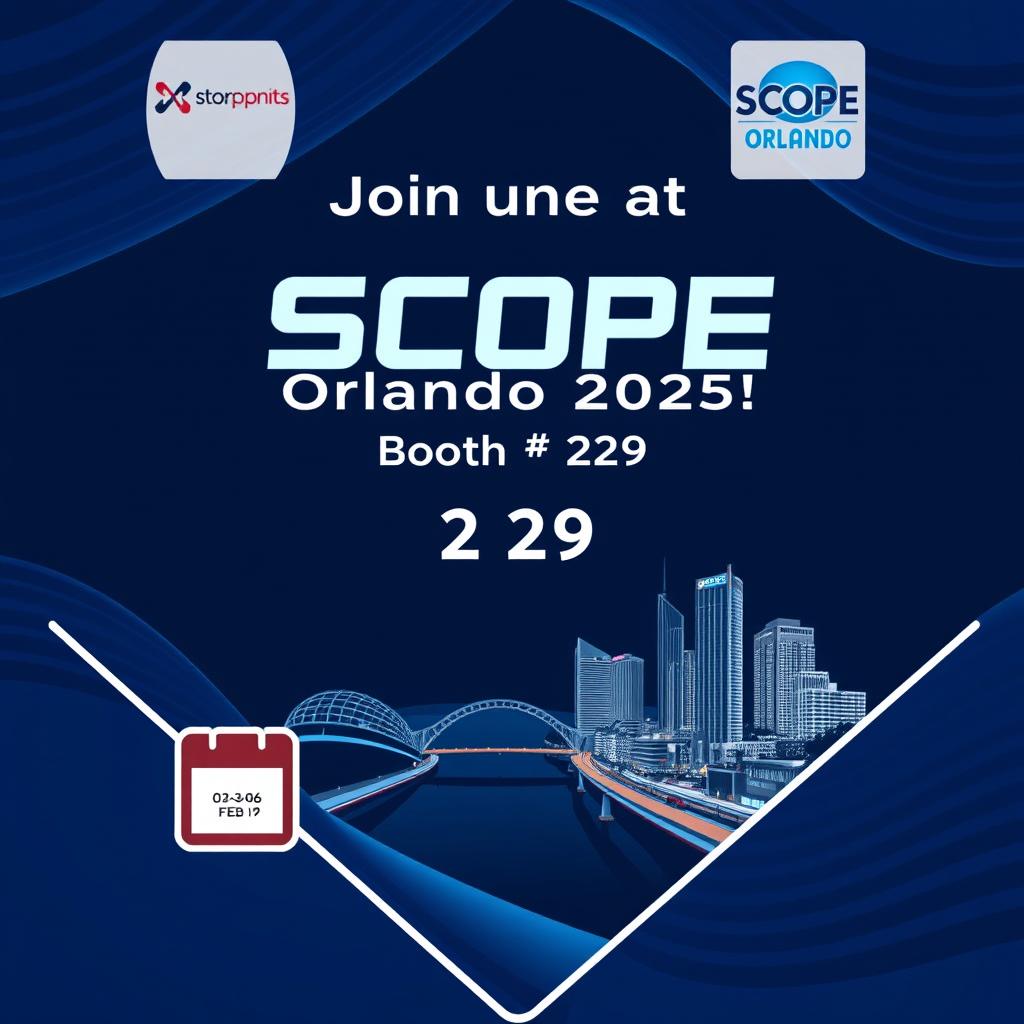 A modern conference poster featuring a dark blue background with dynamic curved wave patterns