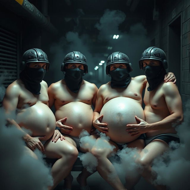 A humorous depiction of four men wearing Spetsnaz k6-3 helmets that cover their entire faces, complete with balaclavas, all appearing topless and in underwear