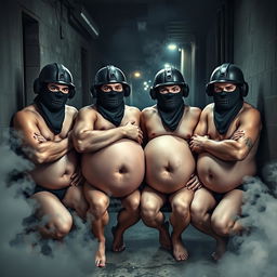 A humorous depiction of four men wearing Spetsnaz k6-3 helmets that cover their entire faces, complete with balaclavas, all appearing topless and in underwear