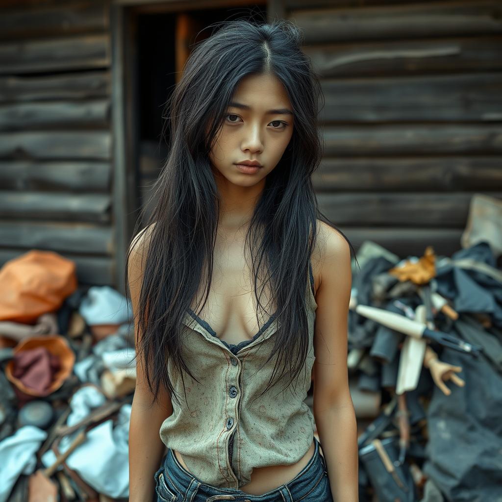 A sad-looking 18-year-old Asian girl with tousled long hair and downcast eyes