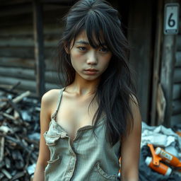 A sad-looking 18-year-old Asian girl with tousled long hair and downcast eyes
