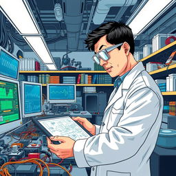 A detailed and intricate illustration of an electrical engineer at work in a bustling laboratory, surrounded by various electronic components like circuit boards, wires, and tools