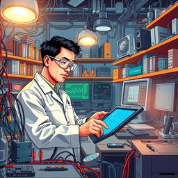 A detailed and intricate illustration of an electrical engineer at work in a bustling laboratory, surrounded by various electronic components like circuit boards, wires, and tools