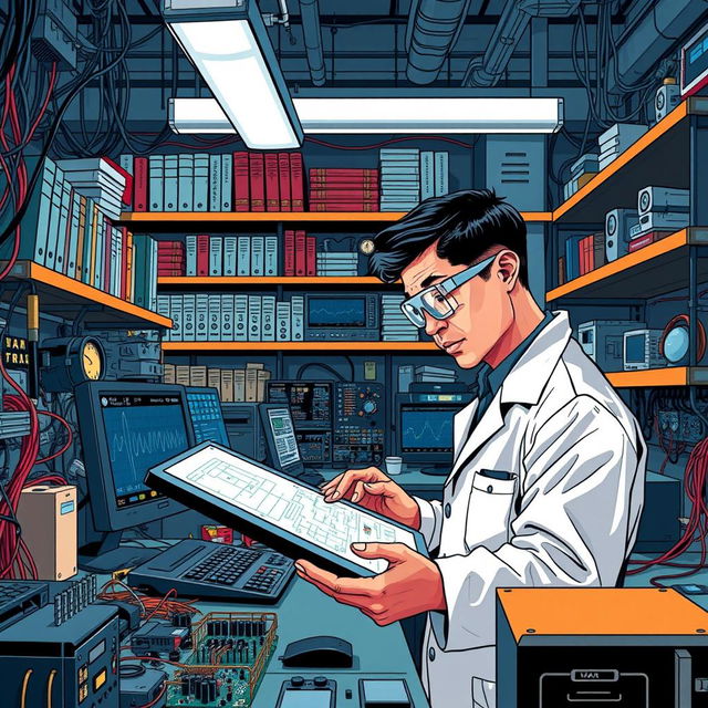 A detailed and intricate illustration of an electrical engineer at work in a bustling laboratory, surrounded by various electronic components like circuit boards, wires, and tools