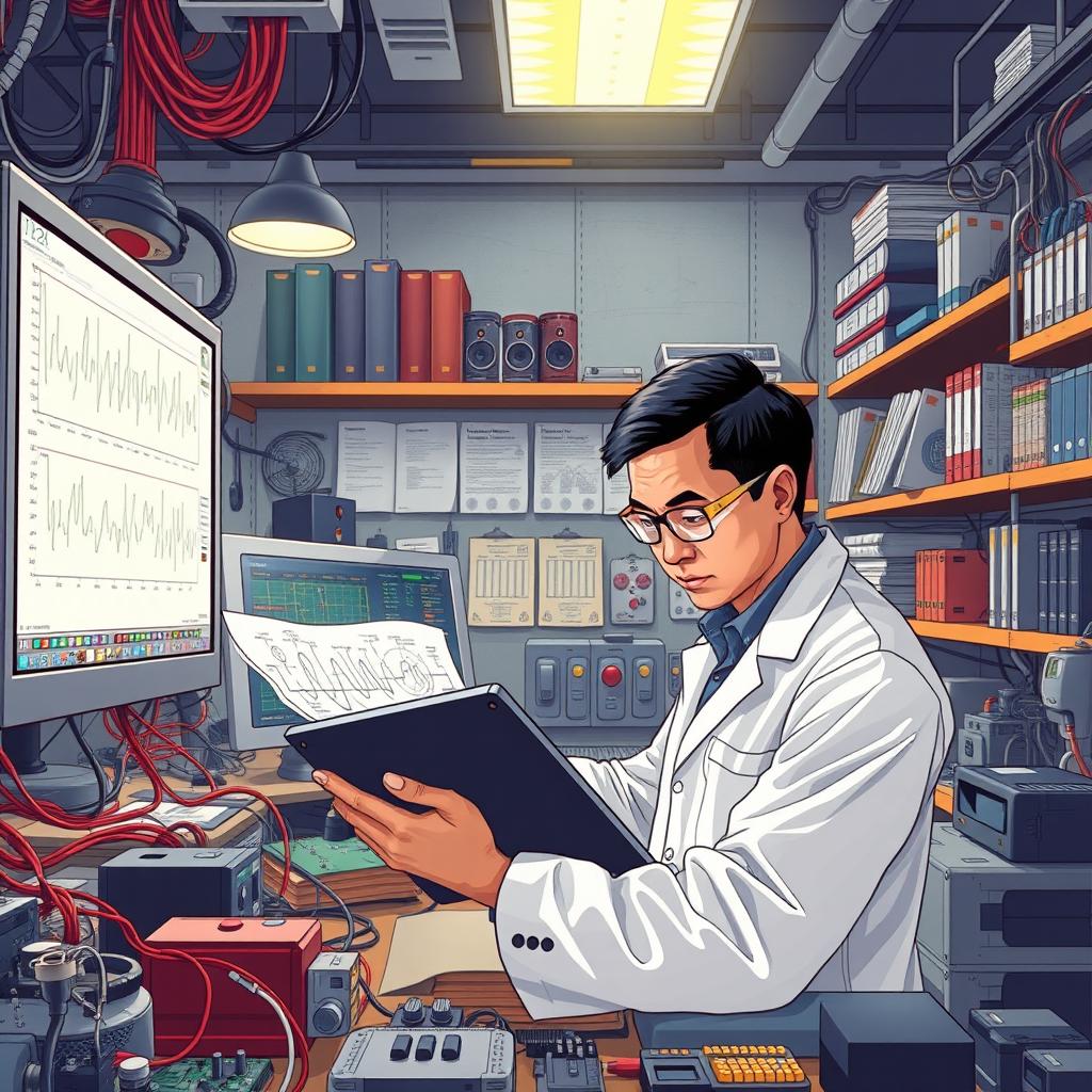A detailed and intricate illustration of an electrical engineer at work in a bustling laboratory, surrounded by various electronic components like circuit boards, wires, and tools